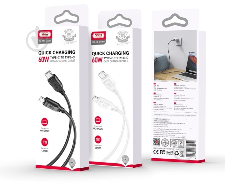 Кабель Xo Braided Type-C to Type-C 60W 1 м білий (NBQ236B_White) - фото 2 Кабель Xo Braided Type-C to Type-C 60W 1 м білий (NBQ236B_White) - фото 2