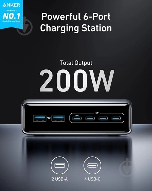 Сетевое зарядное устройство Anker GaNPrime Charger 200W 4xUSB-C PD 2xUSB-A Black (A2683341) - фото 6 Сетевое зарядное устройство Anker GaNPrime Charger 200W 4xUSB-C PD 2xUSB-A Black (A2683341) - фото 6