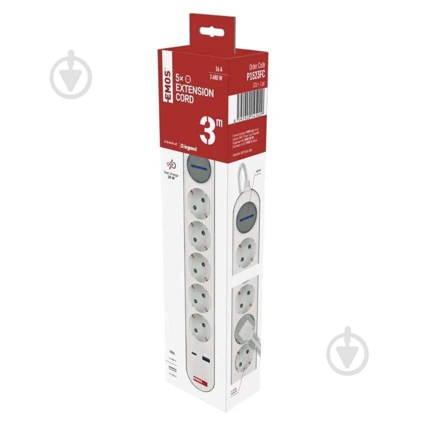 Удлинитель Emos 16 A 3680 Вт 1хUSB-A 1хUSB-C с заземлением 5 гн. белый 3 м P1523FC - фото 10 Удлинитель Emos 16 A 3680 Вт 1хUSB-A 1хUSB-C с заземлением 5 гн. белый 3 м P1523FC - фото 10