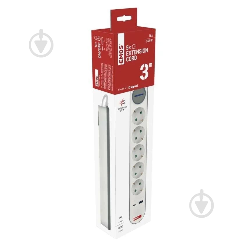 Удлинитель Emos 16 A 3680 Вт 1хUSB-A 1хUSB-C с заземлением 5 гн. белый 3 м P1523FC - фото 11 Удлинитель Emos 16 A 3680 Вт 1хUSB-A 1хUSB-C с заземлением 5 гн. белый 3 м P1523FC - фото 11
