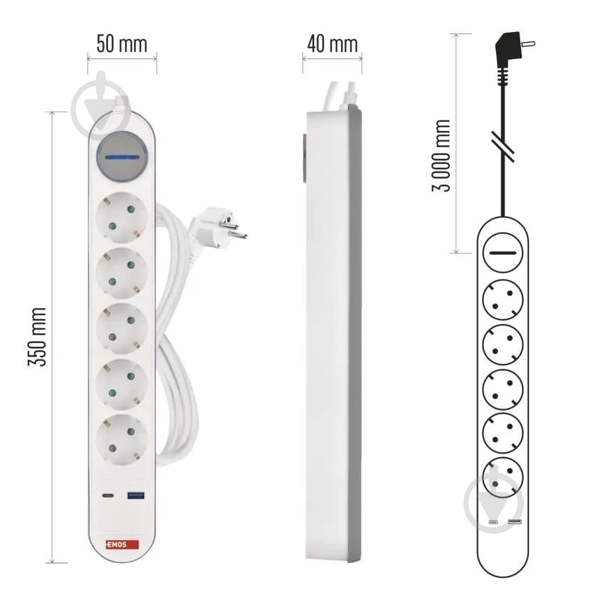 Удлинитель Emos 16 A 3680 Вт 1хUSB-A 1хUSB-C с заземлением 5 гн. белый 3 м P1523FC - фото 17 Удлинитель Emos 16 A 3680 Вт 1хUSB-A 1хUSB-C с заземлением 5 гн. белый 3 м P1523FC - фото 17