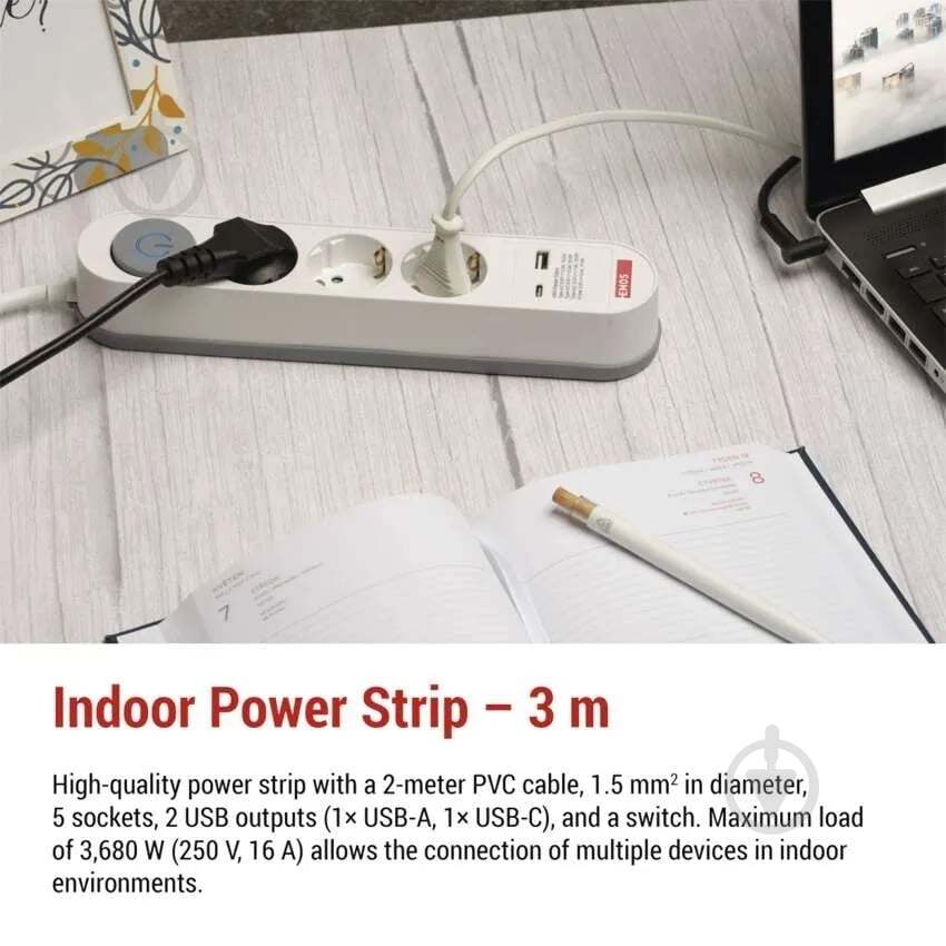 Удлинитель Emos 16 A 3680 Вт 1хUSB-A 1хUSB-C с заземлением 5 гн. белый 3 м P1523FC - фото 2 Удлинитель Emos 16 A 3680 Вт 1хUSB-A 1хUSB-C с заземлением 5 гн. белый 3 м P1523FC - фото 2