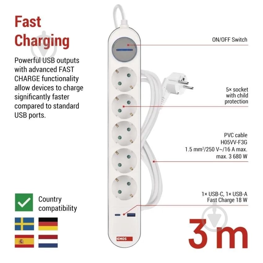 Удлинитель Emos 16 A 3680 Вт 1хUSB-A 1хUSB-C с заземлением 5 гн. белый 3 м P1523FC - фото 3 Удлинитель Emos 16 A 3680 Вт 1хUSB-A 1хUSB-C с заземлением 5 гн. белый 3 м P1523FC - фото 3