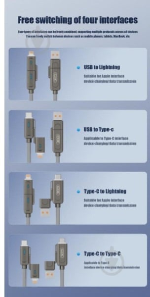 Кабель Xo NB275 Zinc Alloy Silicone Type-C/USB-A to TYPE-C/Lightning - 4-in-1 — 60W 1 м сірий (NB275_4-in-1_Gray) - фото 13