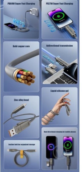 Кабель Xo NB275 Zinc Alloy Silicone Type-C/USB-A to TYPE-C/Lightning - 4-in-1 — 60W 1 м сірий (NB275_4-in-1_Gray) - фото 5