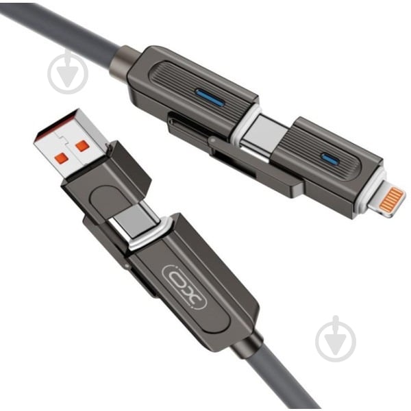 Кабель Xo NB275 Zinc Alloy Silicone Type-C/USB-A to TYPE-C/Lightning - 4-in-1 — 60W 1 м сірий (NB275_4-in-1_Gray) - фото 2