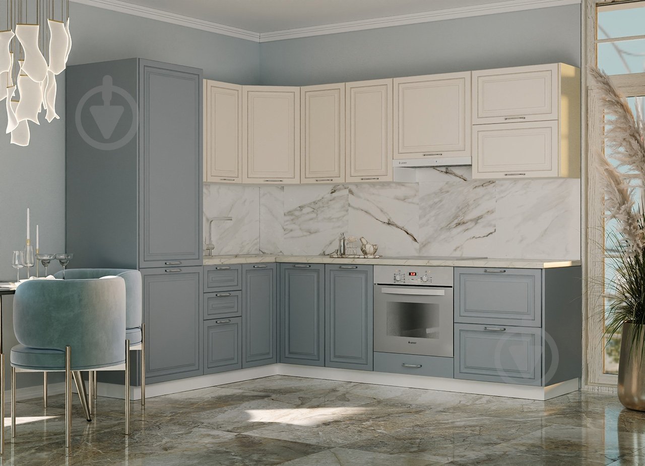 Кухня модульна ROKO Марсель кутова МДФ 2×2м слонова кістка/північний блакитний/білий - фото 1 Кухня модульна ROKO Марсель кутова МДФ 2×2м слонова кістка/північний блакитний/білий - фото 1