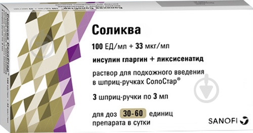 Соліква розчин для ін'єкцій 100 од/33 мкг/мл по 3 мл - фото 1