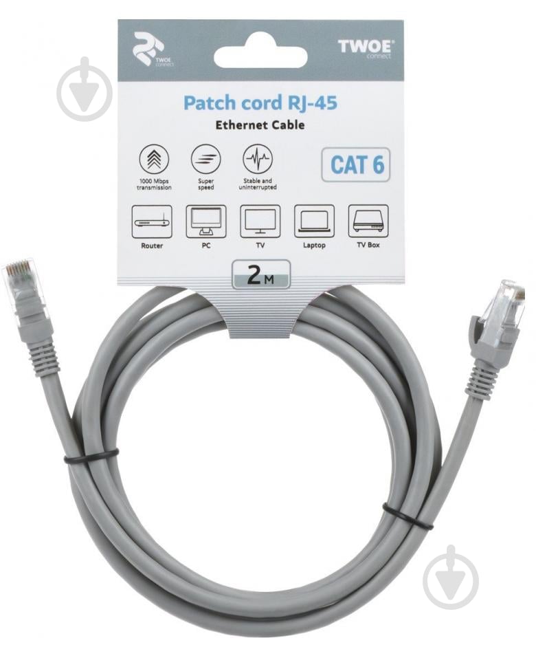 Патч-корд 2E Cat 6, RJ45, 24AWG 2 м серый - фото 2
