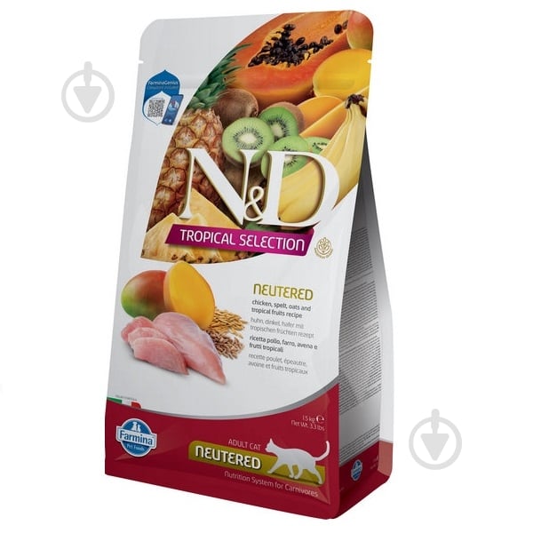Корм сухий низькозерновий для котів Farmina N&D Tropical Selection Neutered з куркою та тропічними фруктами 1,5 кг - фото 1 Корм сухий низькозерновий для котів Farmina N&D Tropical Selection Neutered з куркою та тропічними фруктами 1,5 кг - фото 1