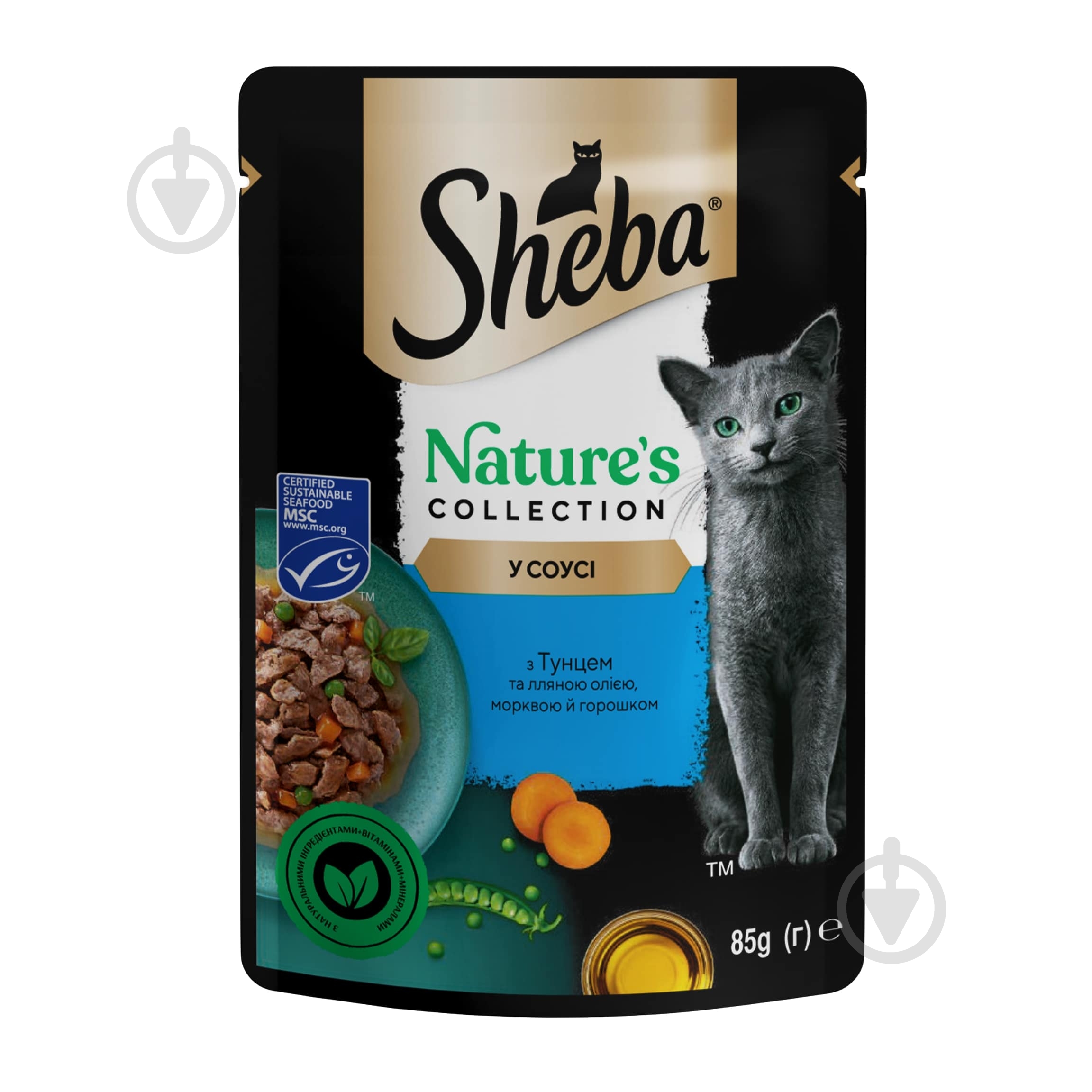 Корм вологий беззерновий для котів Sheba Natures з тунцем лляною олією й горошком 28 шт. 85 г - фото 2 Корм вологий беззерновий для котів Sheba Natures з тунцем лляною олією й горошком 28 шт. 85 г - фото 2