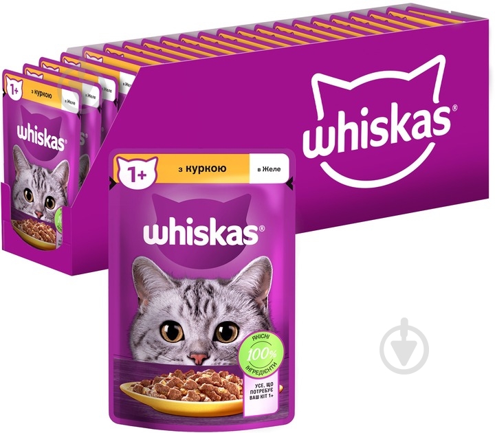 Корм вологий для котів Whiskas з куркою в желе 28 шт. 85 г - фото 1 Корм вологий для котів Whiskas з куркою в желе 28 шт. 85 г - фото 1