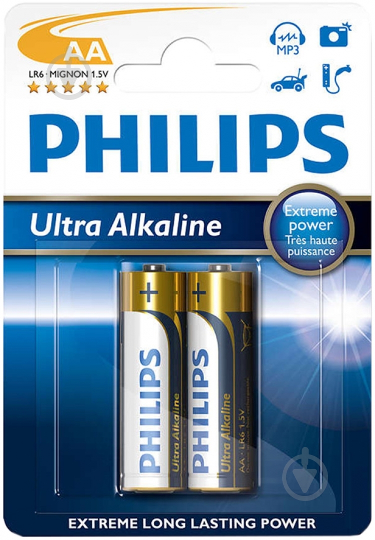 Батарейка Philips Ultra Alkaline AA (пальчиковые) 2 шт. (LR6E2B/10) - фото 1