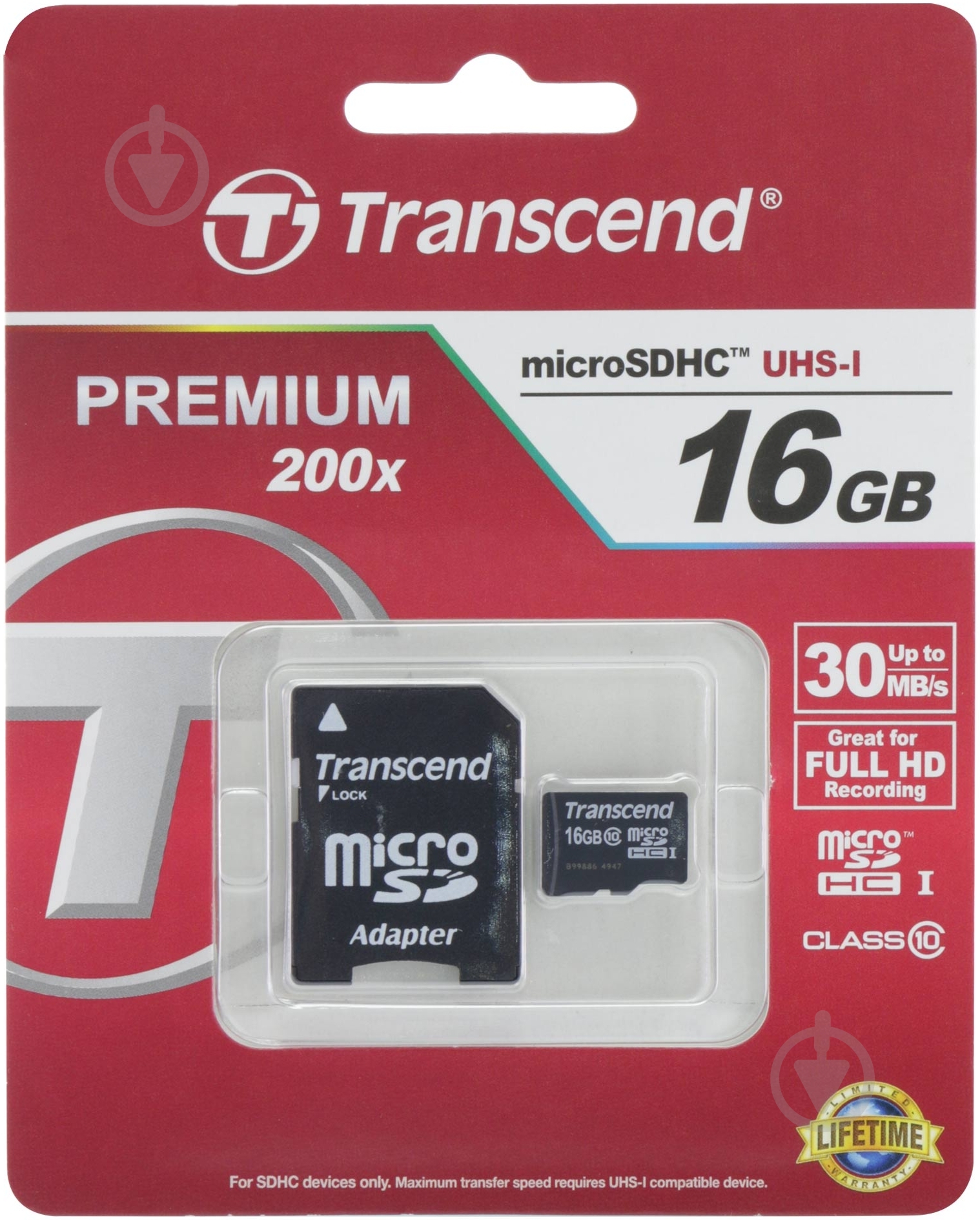 Карта пам'яті Transcend microSDHC 16GB Class 10 + SD adapter (TS16GUSDHC10) - фото 1 Карта пам'яті Transcend microSDHC 16GB Class 10 + SD adapter (TS16GUSDHC10) - фото 1