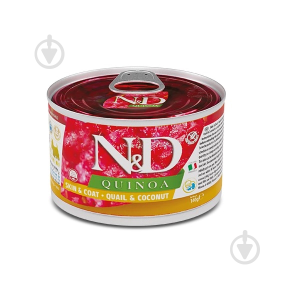 Корм влажный для собак для малых пород Farmina N&D Quinoa Skin&Coat Adult Mini при пищевой аллергии с перепелкой, киноа, кокосом и куркумой 140 г - фото 1 Корм влажный для собак для малых пород Farmina N&D Quinoa Skin&Coat Adult Mini при пищевой аллергии с перепелкой, киноа, кокосом и куркумой 140 г - фото 1