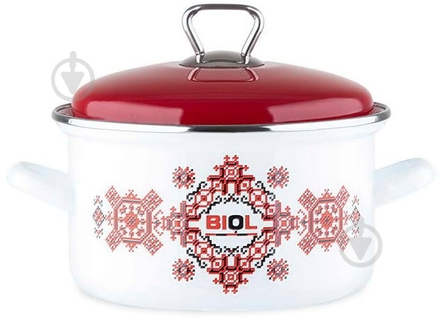 Каструля з кришкою Biol емальована Вишиванка червоно-чорна 3,1 л CE20V2 - фото 1