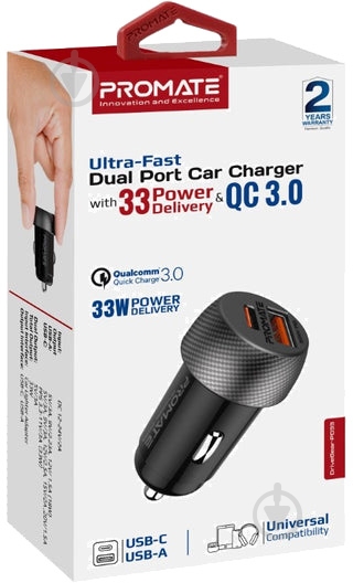 Автомобільний зарядний пристрій Promate 33W USB-C PD QC3 чорний (drivegear-pd33) - фото 8