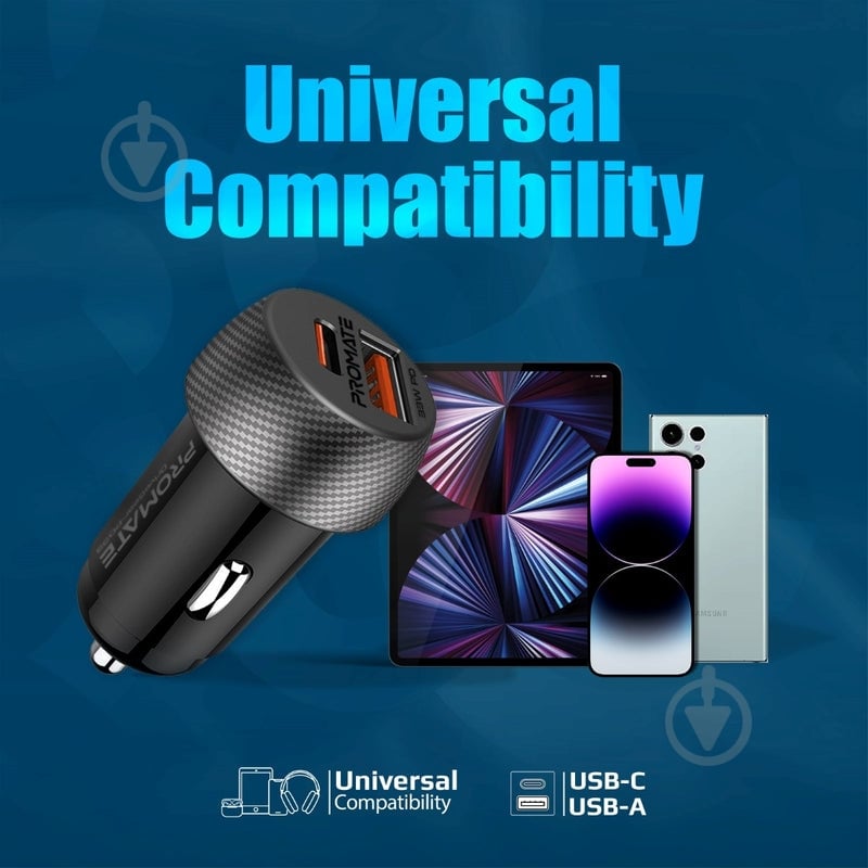 Автомобільний зарядний пристрій Promate 33W USB-C PD QC3 чорний (drivegear-pd33) - фото 4