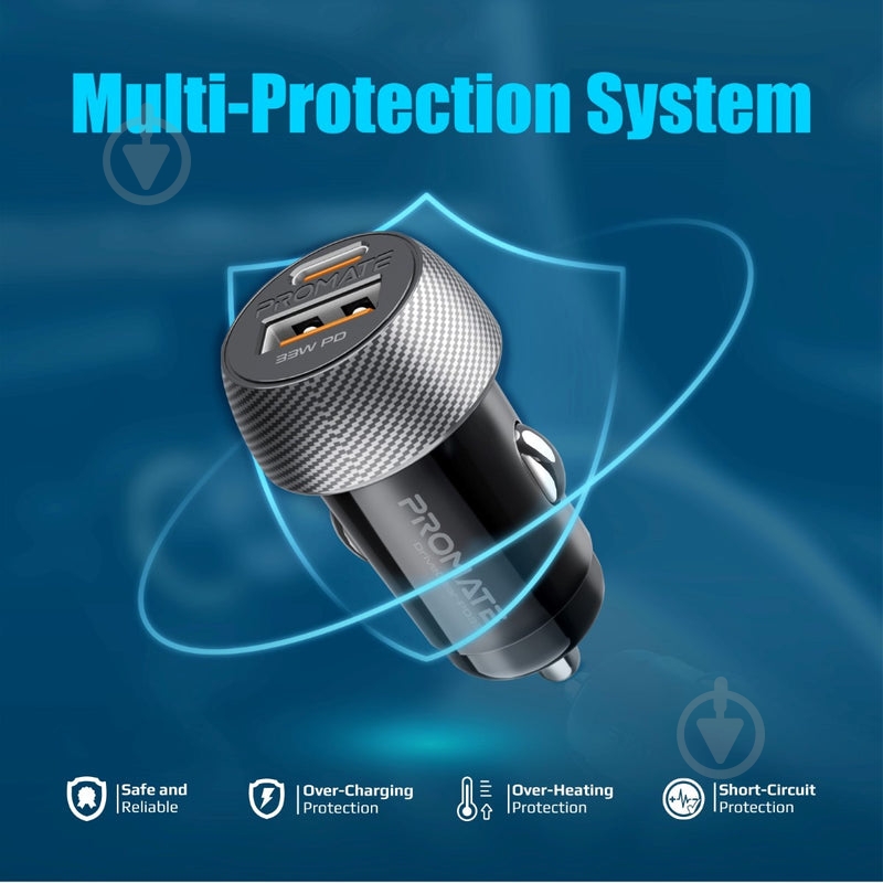 Автомобільний зарядний пристрій Promate 33W USB-C PD QC3 чорний (drivegear-pd33) - фото 5