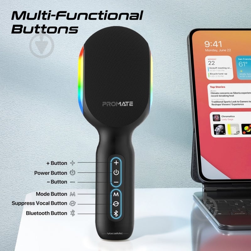 Микрофон Promate беспроводной со встроенным динамиком и функцией караоке (vocalmic.black) - фото 14