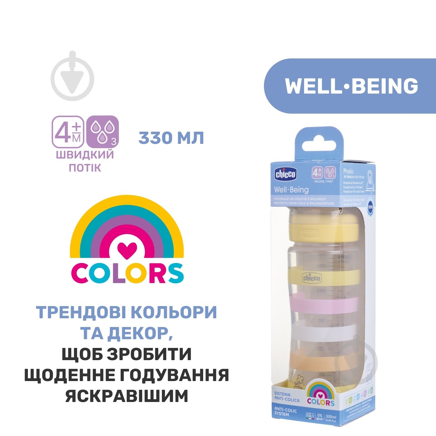 Бутылочка Chicco Well-Being Colors 4м+ 330 мл желтая (28637.11) - фото 7