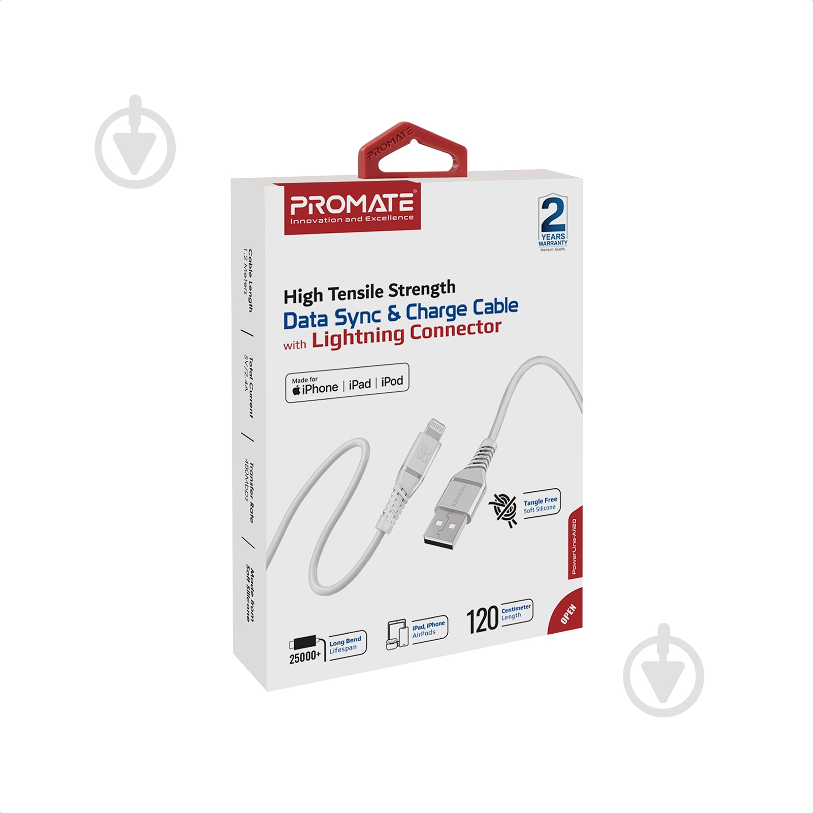 Кабель Promate PowerLine-Ai120 USB to Lightning MFi 2.4A 1.2 м 1,2 м білий (powerline-ai120.white) - фото 7 Кабель Promate PowerLine-Ai120 USB to Lightning MFi 2.4A 1.2 м 1,2 м білий (powerline-ai120.white) - фото 7