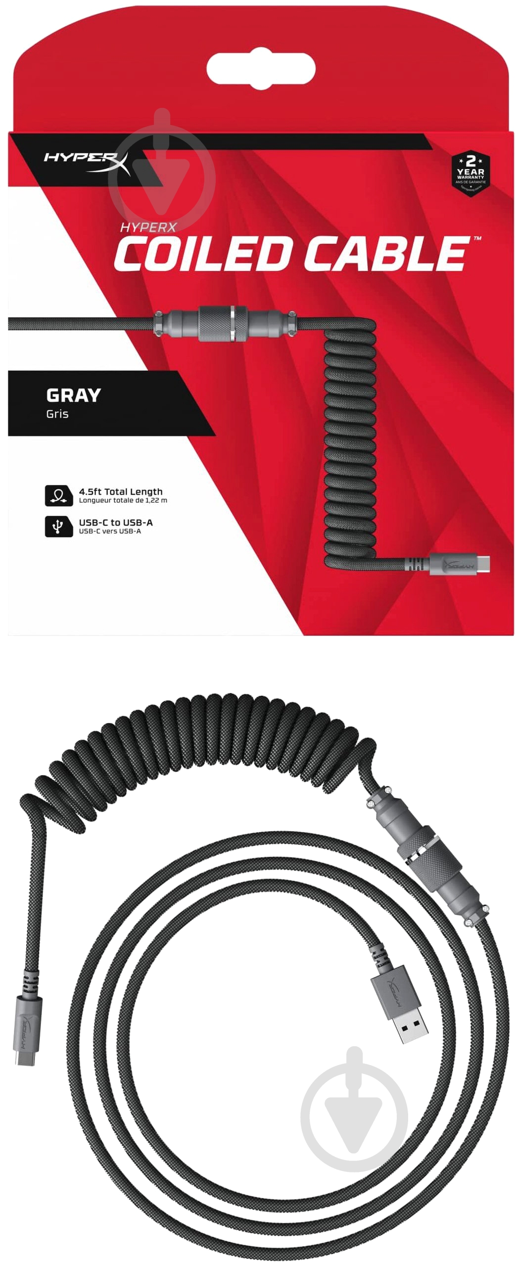 Кабель HyperX USB-A – USB-C спиральный 1,37 м серый (6J678AA) - фото 5