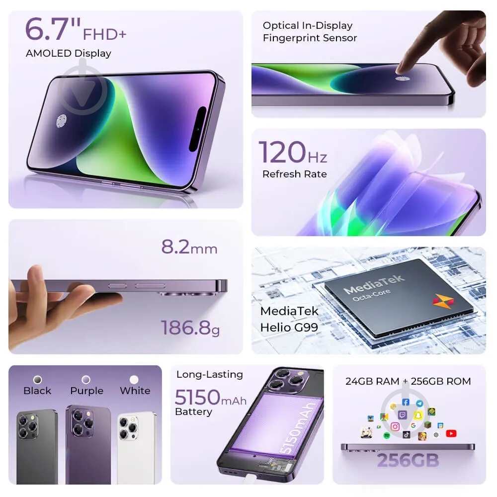 Смартфон Oukitel P1 8/256GB purple (P1_PL) - фото 5 Смартфон Oukitel P1 8/256GB purple (P1_PL) - фото 5