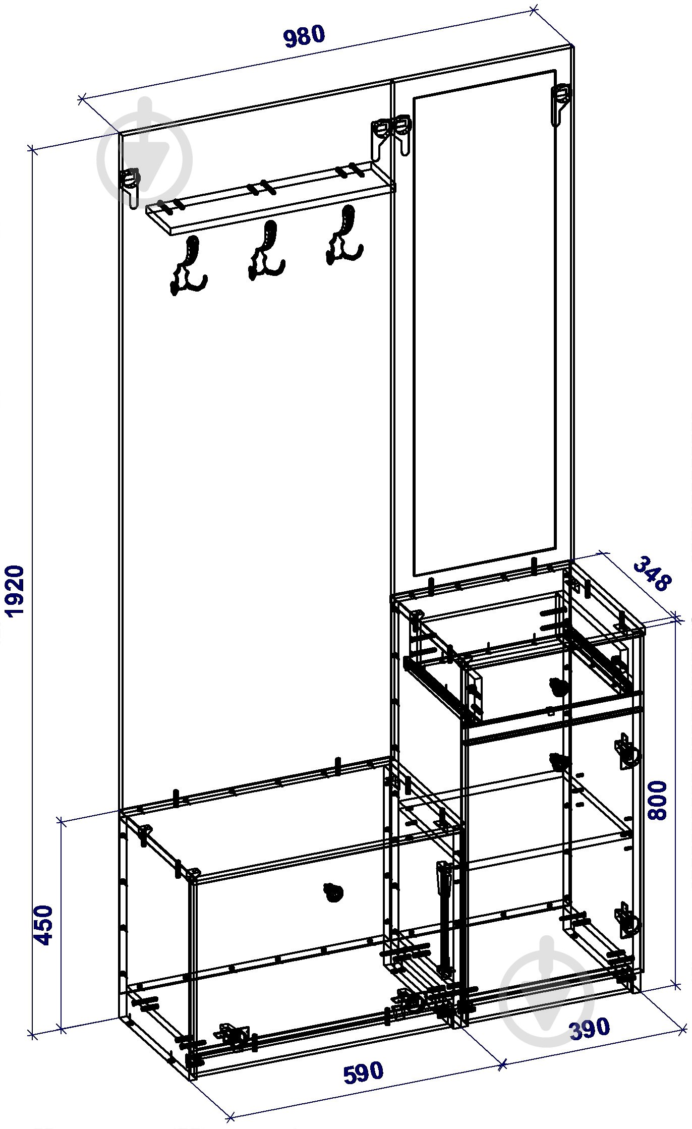 Прихожая с зеркалом Грейд Бристоль 2 1920х350х980 мм дуб крафт белый/графит серый - фото 3 Прихожая с зеркалом Грейд Бристоль 2 1920х350х980 мм дуб крафт белый/графит серый - фото 3