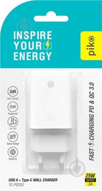 Мережевий зарядний пристрій Piko 25W GaN USB-C PD+USB-A QC 3.0 White (TC-PD252) - фото 6 Мережевий зарядний пристрій Piko 25W GaN USB-C PD+USB-A QC 3.0 White (TC-PD252) - фото 6