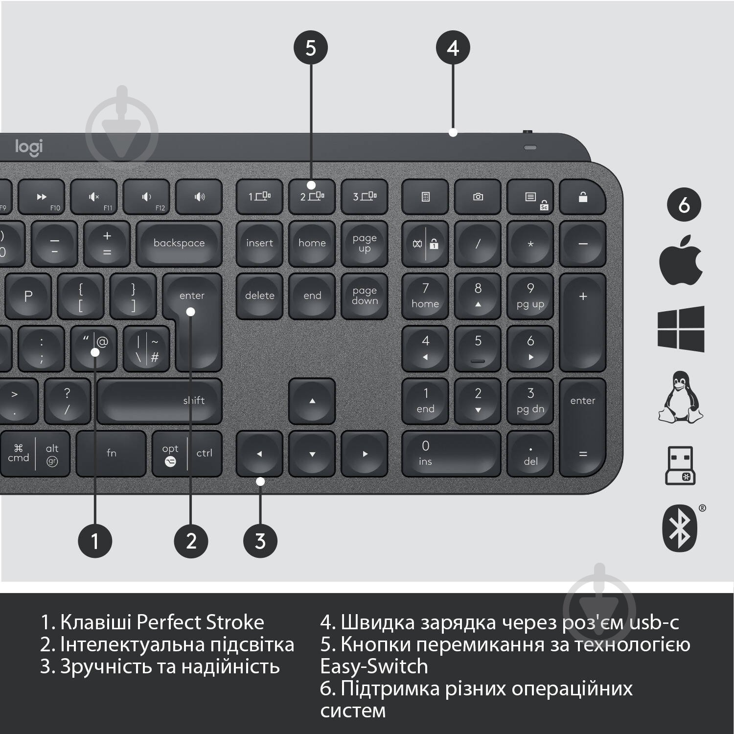 Клавиатура Logitech MX Keys Advanced Wireless Illuminated Keyboard Graphite INTNL (920-009417) black - фото 7 Клавиатура Logitech MX Keys Advanced Wireless Illuminated Keyboard Graphite INTNL (920-009417) black - фото 7