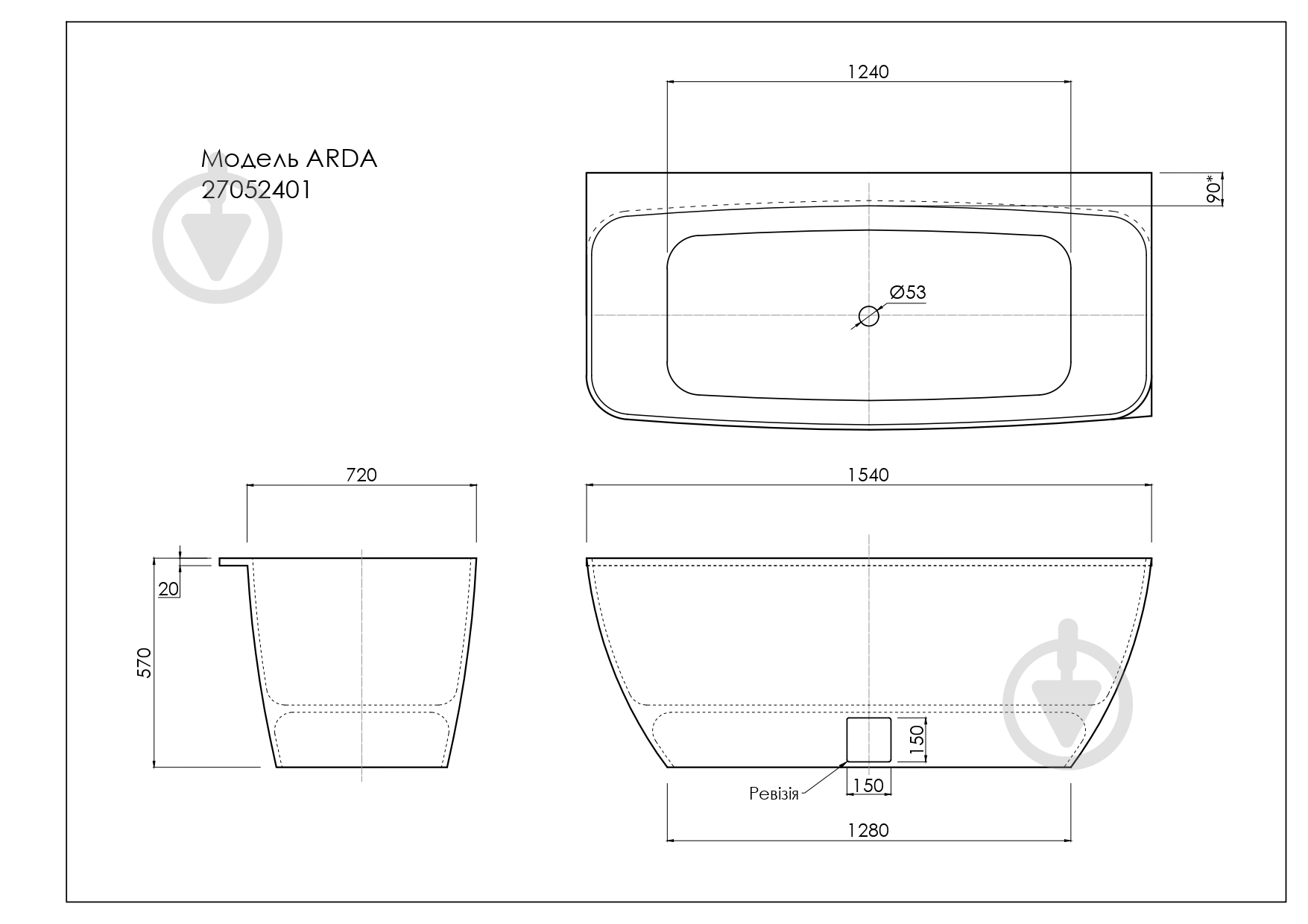 Ванна из искусственного камня Studio Stone Arda 154х72 см - фото 3 Ванна из искусственного камня Studio Stone Arda 154х72 см - фото 3