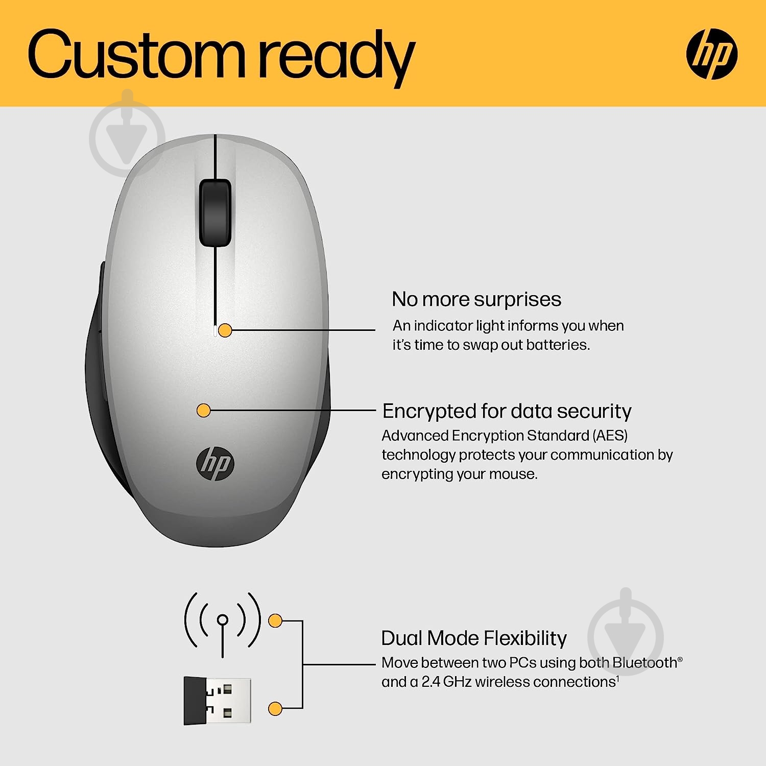 Мышь HP Dual Mode BT/WL silver (6CR72AA) - фото 9 Мышь HP Dual Mode BT/WL silver (6CR72AA) - фото 9