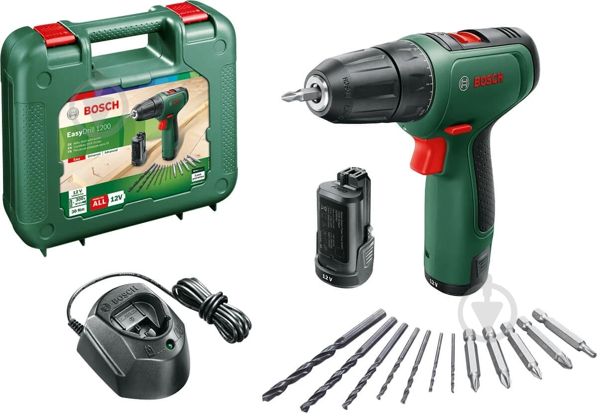 Шуруповерт акумуляторний Bosch EasyDrill 1200 + набір свердел і біт + 2 акб PBA 12V 1.5Ah O-A + заряд - фото 1