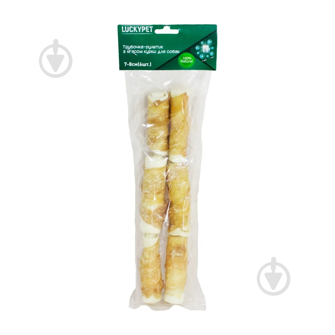 Ласощі Lucky Pet трубочка-рулетик №3 з м'ясом курки 7-8 см 6 шт./уп. - фото 1 Ласощі Lucky Pet трубочка-рулетик №3 з м'ясом курки 7-8 см 6 шт./уп. - фото 1