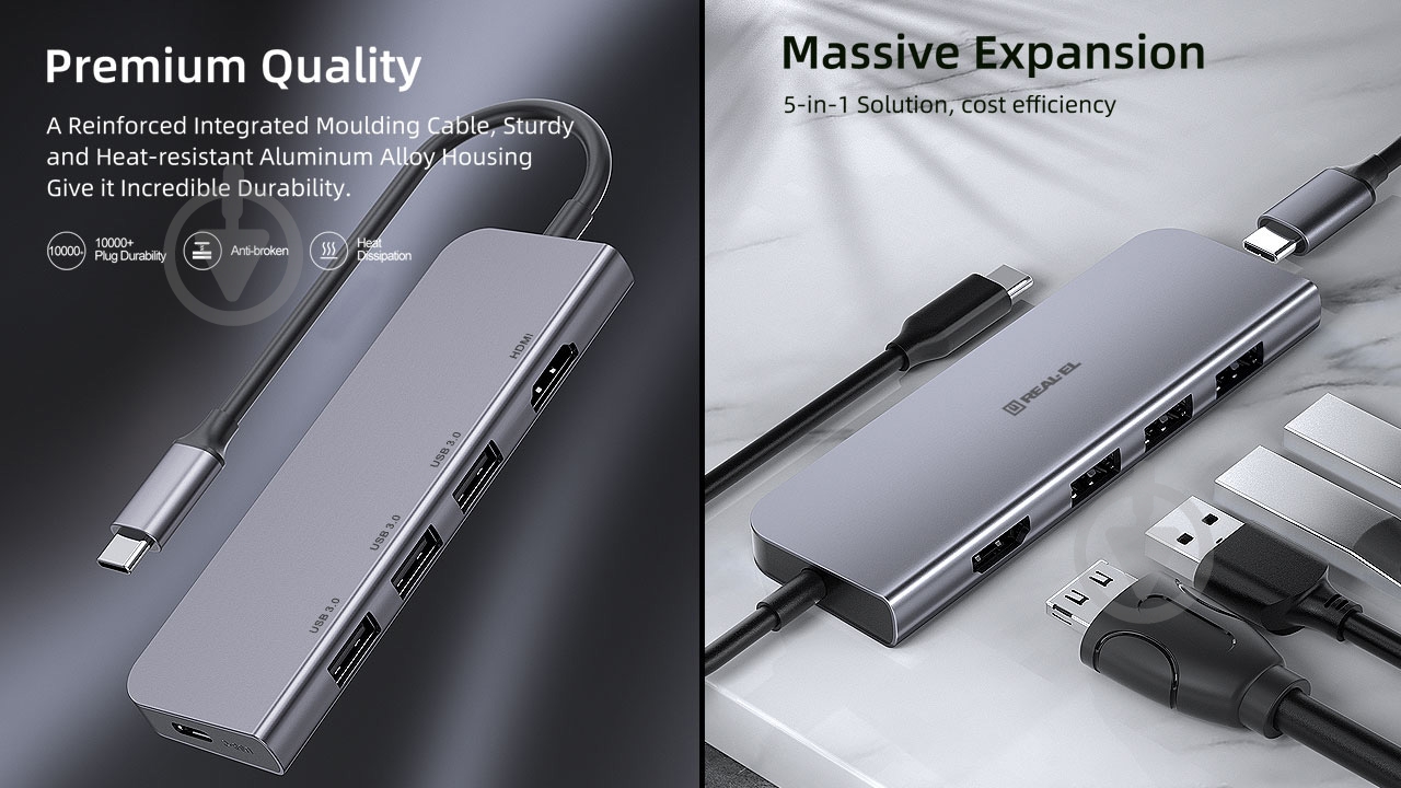 USB-хаб Real-el REAL-EL CQ-700 Space Grey - фото 6