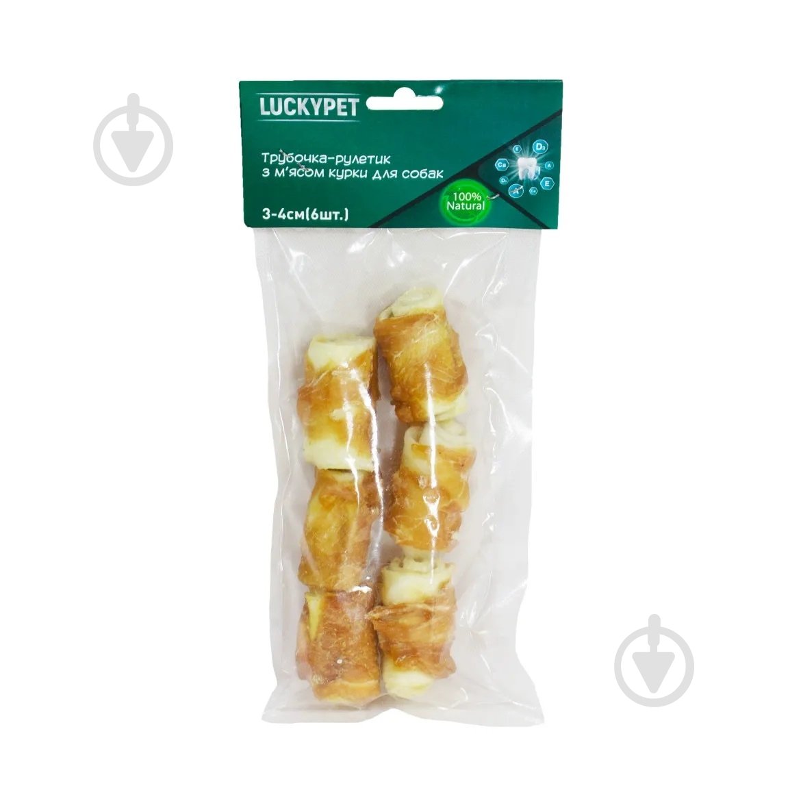 Ласощі Lucky Pet трубочка-рулетик №1 з м'ясом курки 3-4 см 6 шт./уп. - фото 1 Ласощі Lucky Pet трубочка-рулетик №1 з м'ясом курки 3-4 см 6 шт./уп. - фото 1