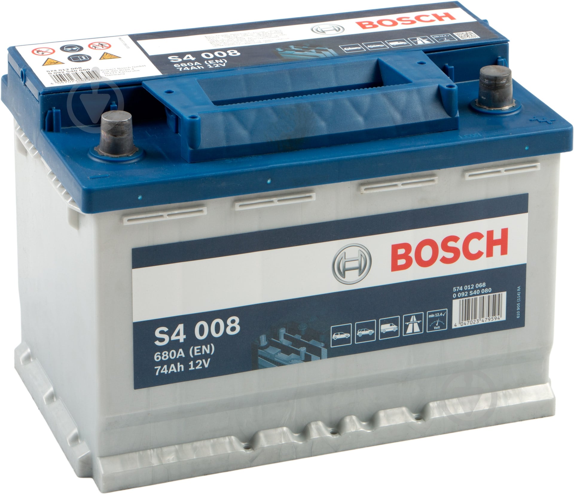 Аккумулятор автомобильный Bosch S4 Silver 74Ah 680A 12V 0092S40080 «+» справа (0 092 S40 080) - фото 1