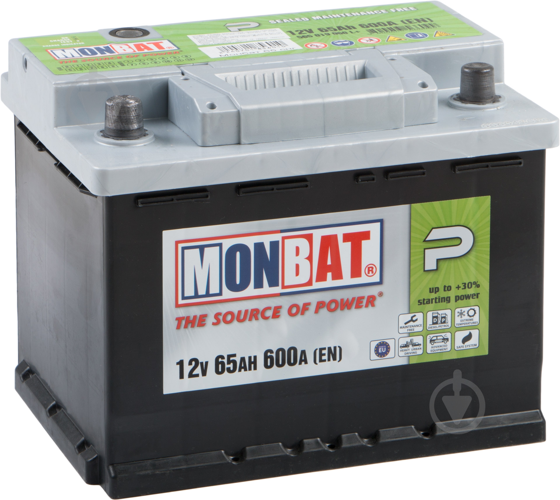 Аккумулятор автомобильный Monbat 6СТ-65 SMF СНГ 65Ah 600A 12V «+» справа - фото 1