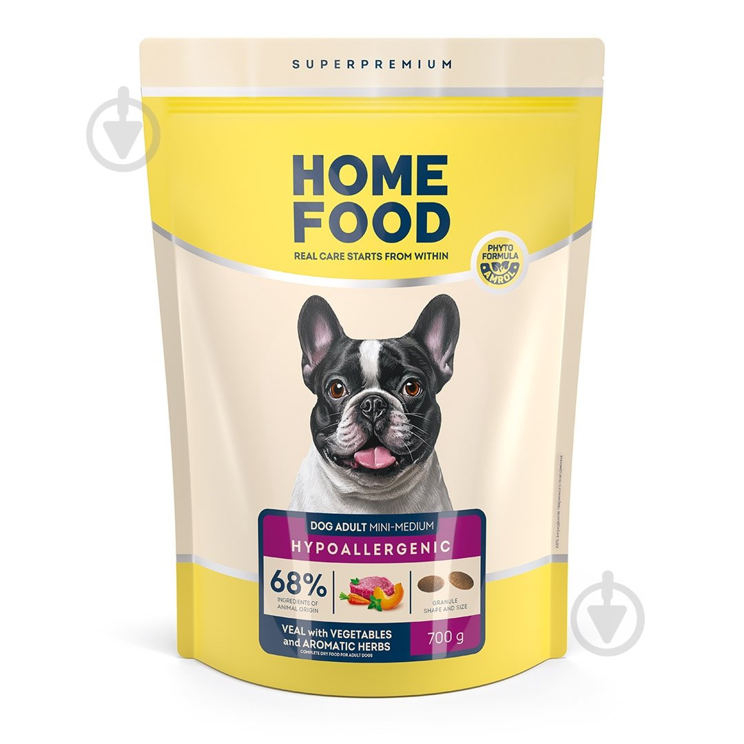 Корм сухой Home Food для взрослых собак мелких и средних пород Телятина с овощами и душистыми травами Hypoallergenic 700 г - фото 1 Корм сухой Home Food для взрослых собак мелких и средних пород Телятина с овощами и душистыми травами Hypoallergenic 700 г - фото 1