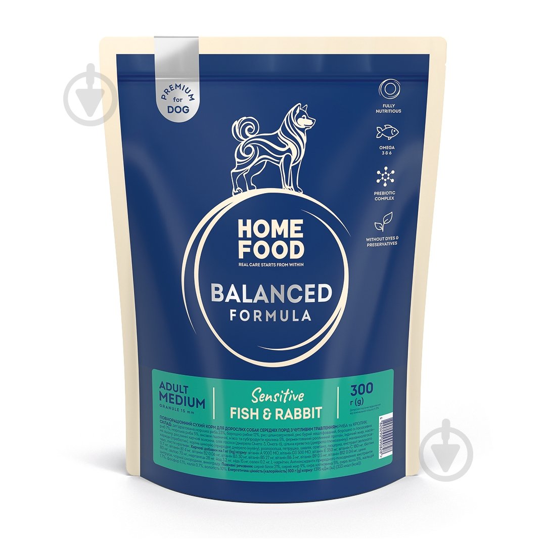 Корм сухой Home Food для взрослых собак средних пород с чувствительным пищеварением «Рыба и кролик» Sensitive Balanced Formula 300 г - фото 1