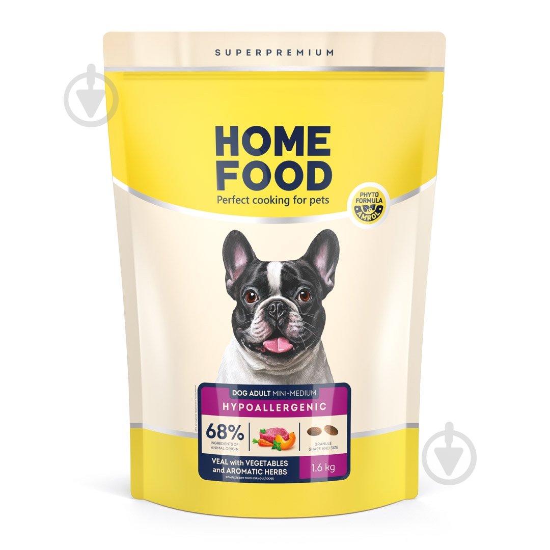 Корм сухой Home Food для взрослых собак мелких и средних пород Телятина с овощами и душистыми травами Hypoallergenic 1,6 кг - фото 1 Корм сухой Home Food для взрослых собак мелких и средних пород Телятина с овощами и душистыми травами Hypoallergenic 1,6 кг - фото 1