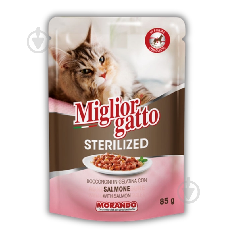 Корм вологий беззерновий для стерилізованих котів Morando Migliorgatto Sterilized лосось шматочки в желе 85 г - фото 1 Корм вологий беззерновий для стерилізованих котів Morando Migliorgatto Sterilized лосось шматочки в желе 85 г - фото 1