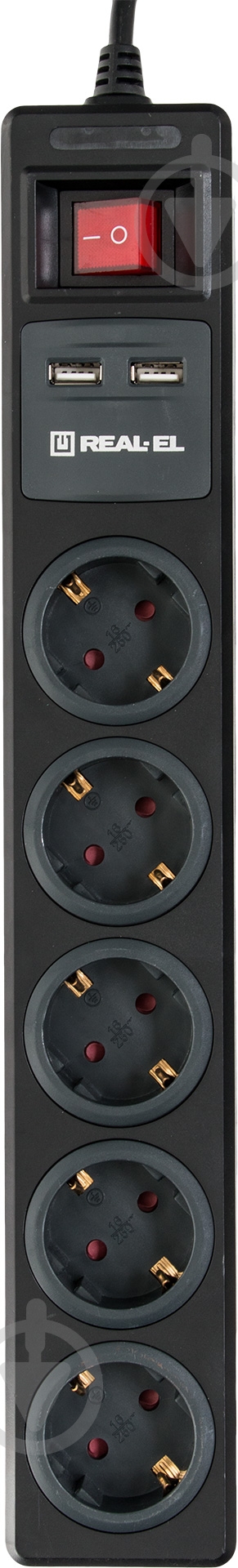 Фильтр-удлинитель REAL-EL RS-5 USB CHARGE с заземлением 5 гн. черный 3 м RS-5 USB CHARGE 3m, black - фото 2