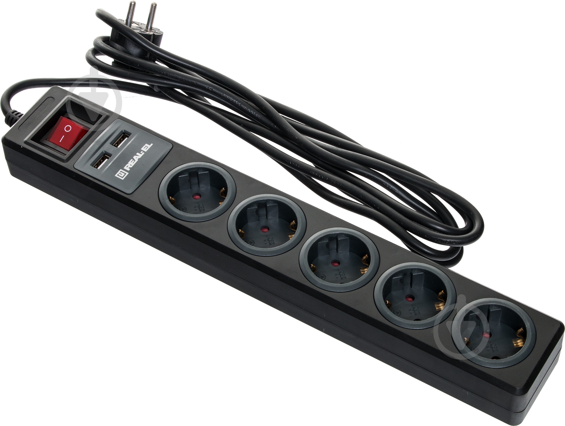 Фильтр-удлинитель REAL-EL RS-5 USB CHARGE с заземлением 5 гн. черный 3 м RS-5 USB CHARGE 3m, black - фото 1