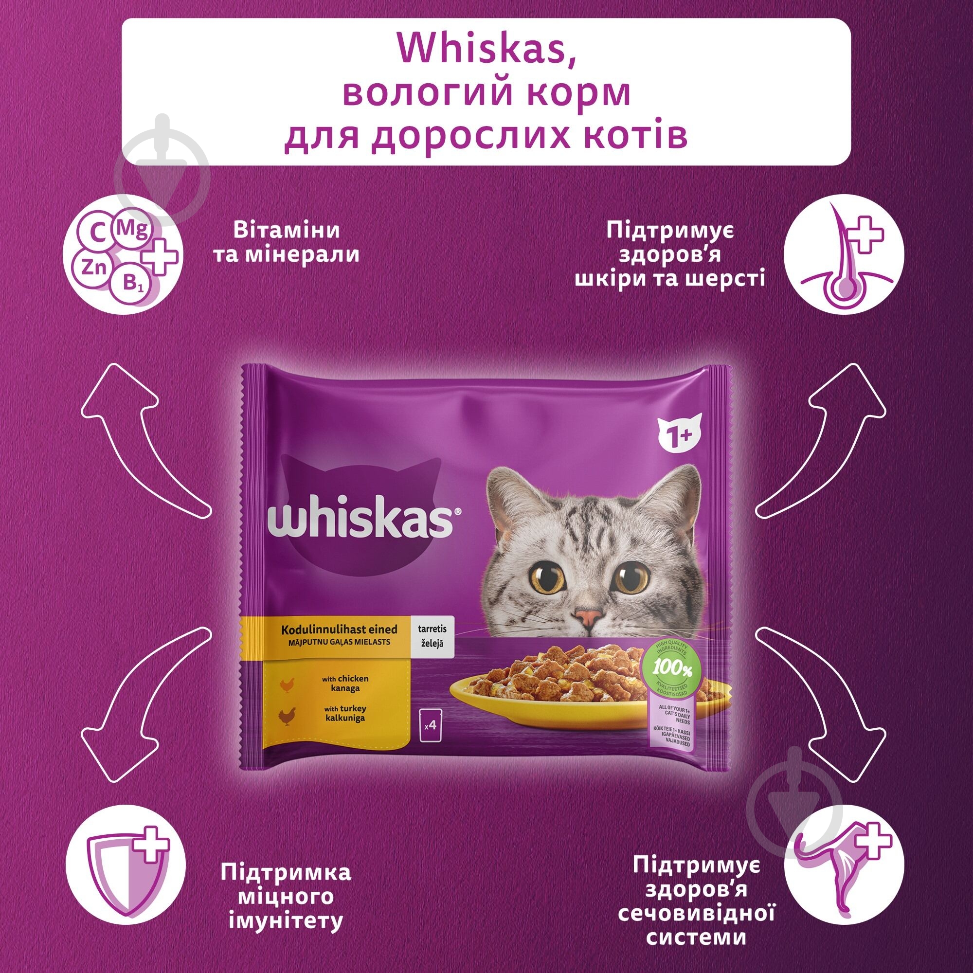 Корм влажный для котов Whiskas с курицей, с индейкой в желе 4х85 - фото 4 Корм влажный для котов Whiskas с курицей, с индейкой в желе 4х85 - фото 4