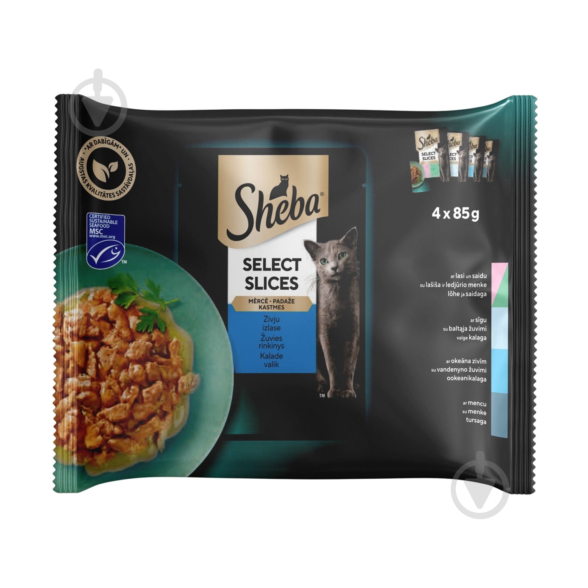 Корм влажный для котов Sheba рибное ассорти в соусе 4х85 г - фото 1 Корм влажный для котов Sheba рибное ассорти в соусе 4х85 г - фото 1