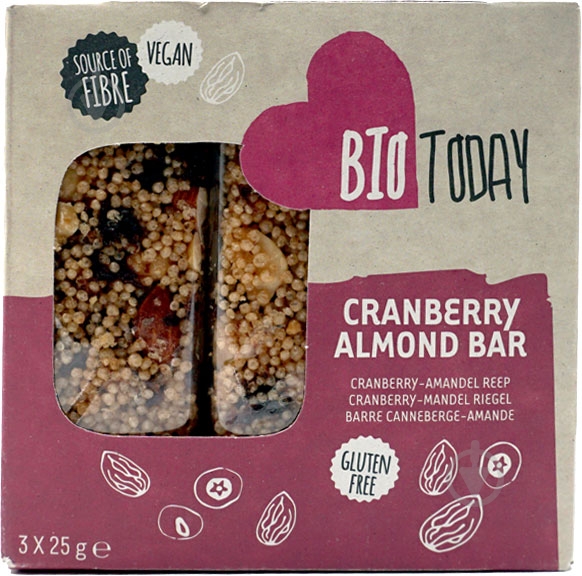 Батончик Bio Today злаковий журавлина-мигдаль органічний 3х25 г - фото 1 Батончик Bio Today злаковий журавлина-мигдаль органічний 3х25 г - фото 1