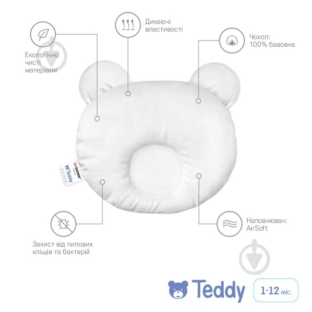 Подушка Sonex Teddy + наволочка 30x32 см білий - фото 4