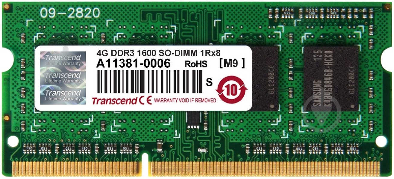 Оперативная память TRANSCEND SODIMM DDR3 4 GB (1x4GB) 1600 MHz (TS512MSK64V6H) - фото 1